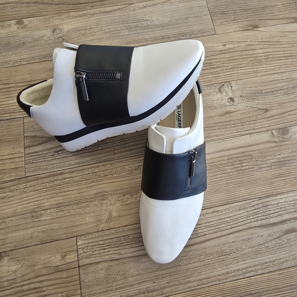 Karl Lagerfeld Paris Women's White Leather Slip-On Shoes with Black Strap 7.5 - Picture 7 of 8